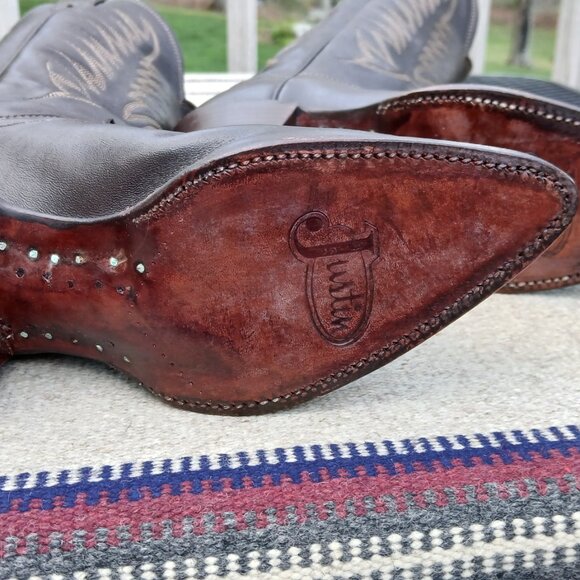JUSTIN VINTAGE 80'S NWT DARK BROWN LEATHER WESTERN COWBOY BOOTS SIZE 7B B9648 - Picture 12 of 16
